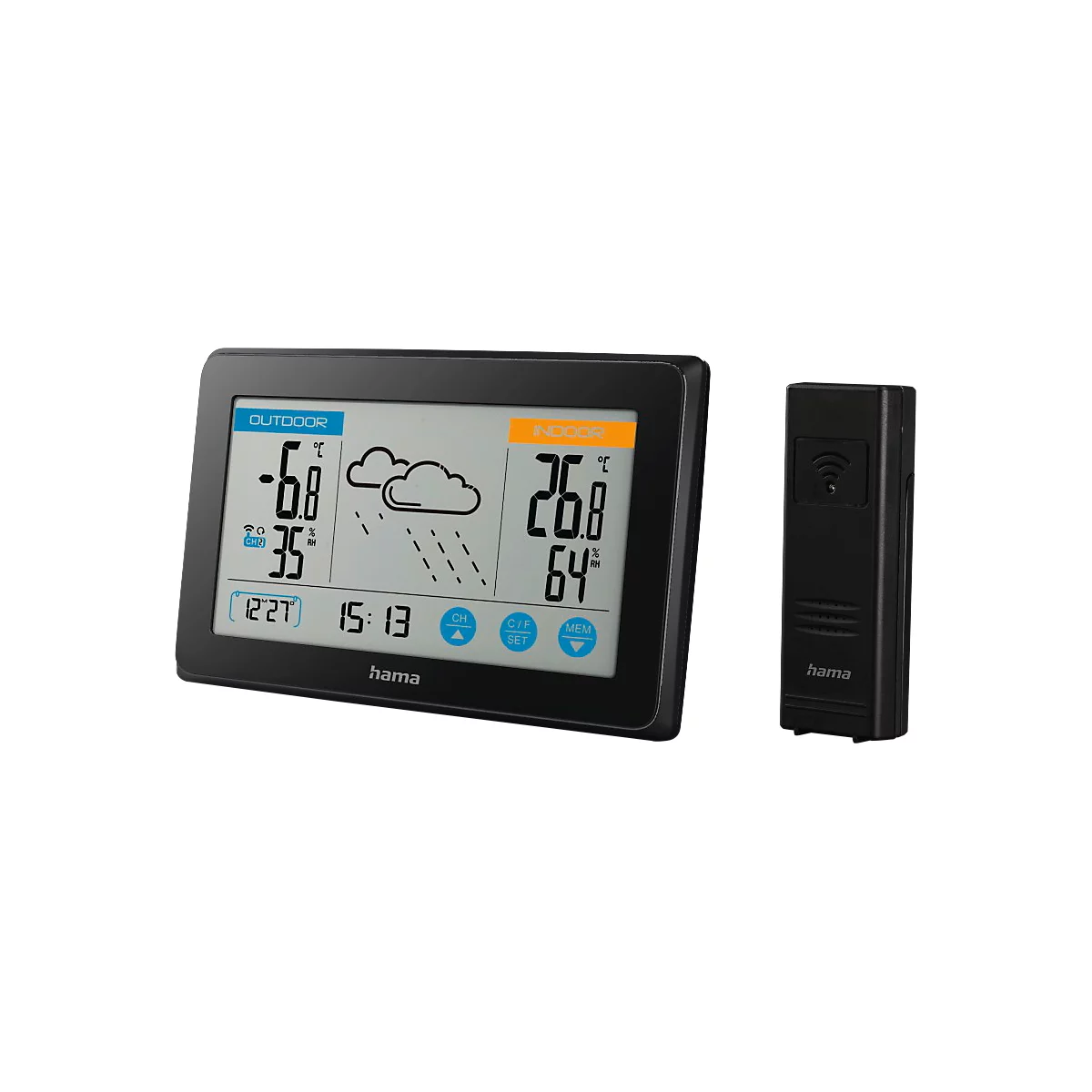 Schwarzes Digital-Thermometer mit Anzeige von Aussen- und Innentemperatur sowie Wettervorhersage.