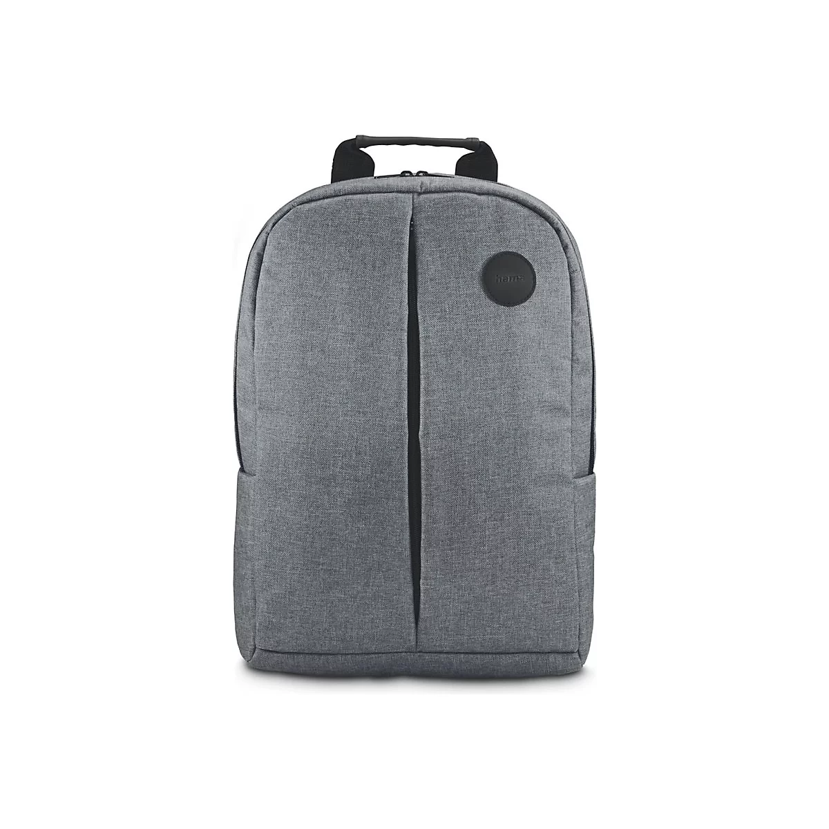 Grauer, minimalistischer Hama-Laptoprucksack mit vertikalem Reißverschluss und schwarzem Logo-Emblem vor weißem Hintergrund.