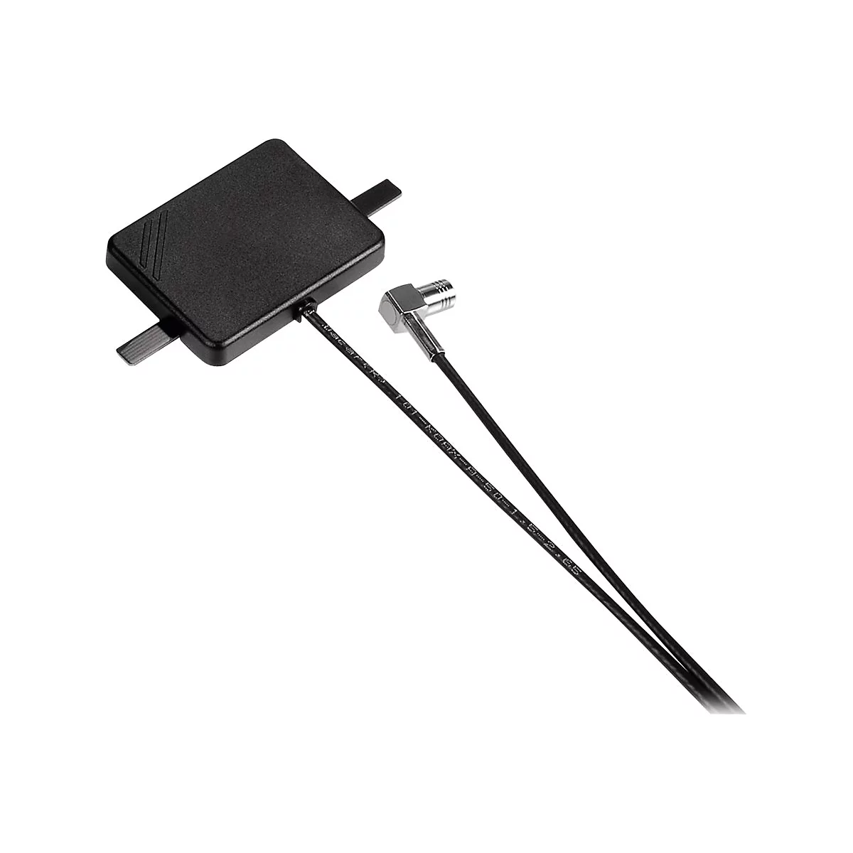 Schwarzer Metall-Adapter mit zwei Kabeln und abgewinkeltem Stecker.