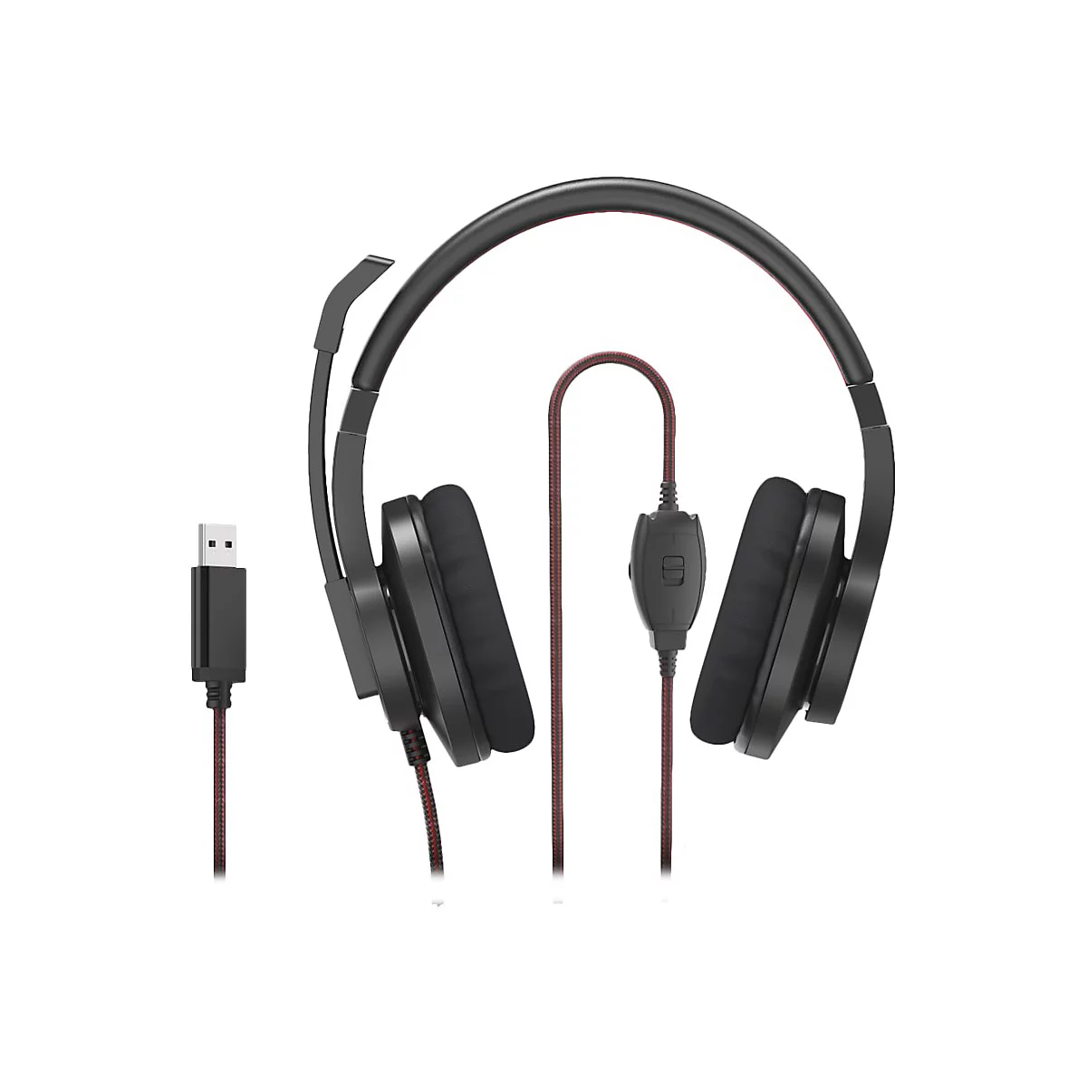 Schwarzes Gaming-Headset mit USB-Anschluss, faltbarem Mikrofon und kabelgebundener Fernbedienung vor weißem Hintergrund.