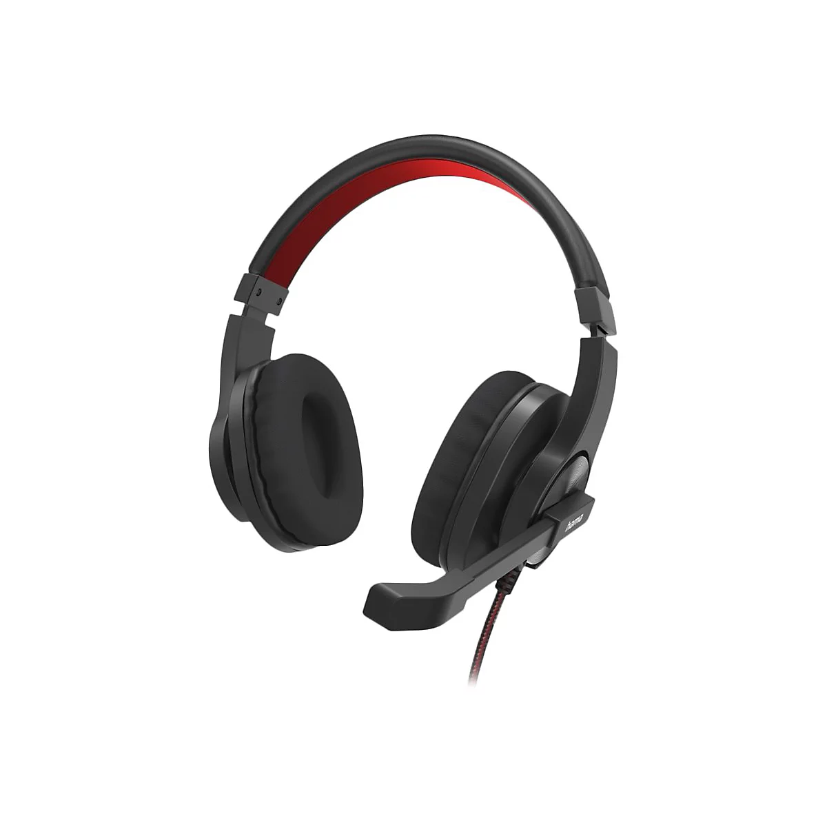Schwarzes Gaming-Headset mit rotem Kopfbandpolster und Mikrofon vor weißem Hintergrund.