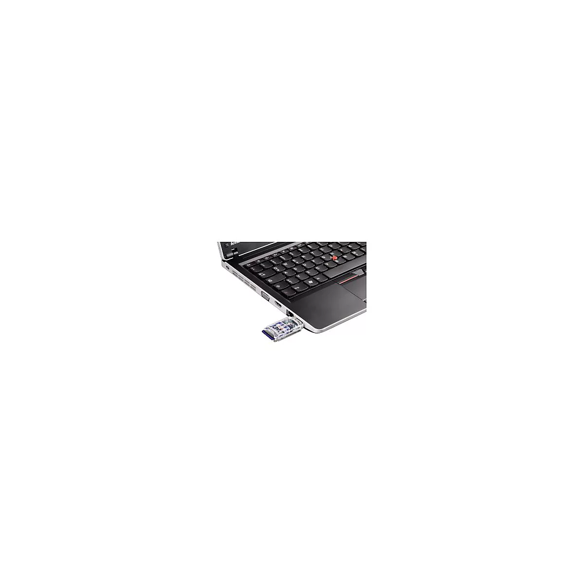 Ein Laptop mit einem eingesteckten Kartenleser; Hama-Schriftzug sichtbar.