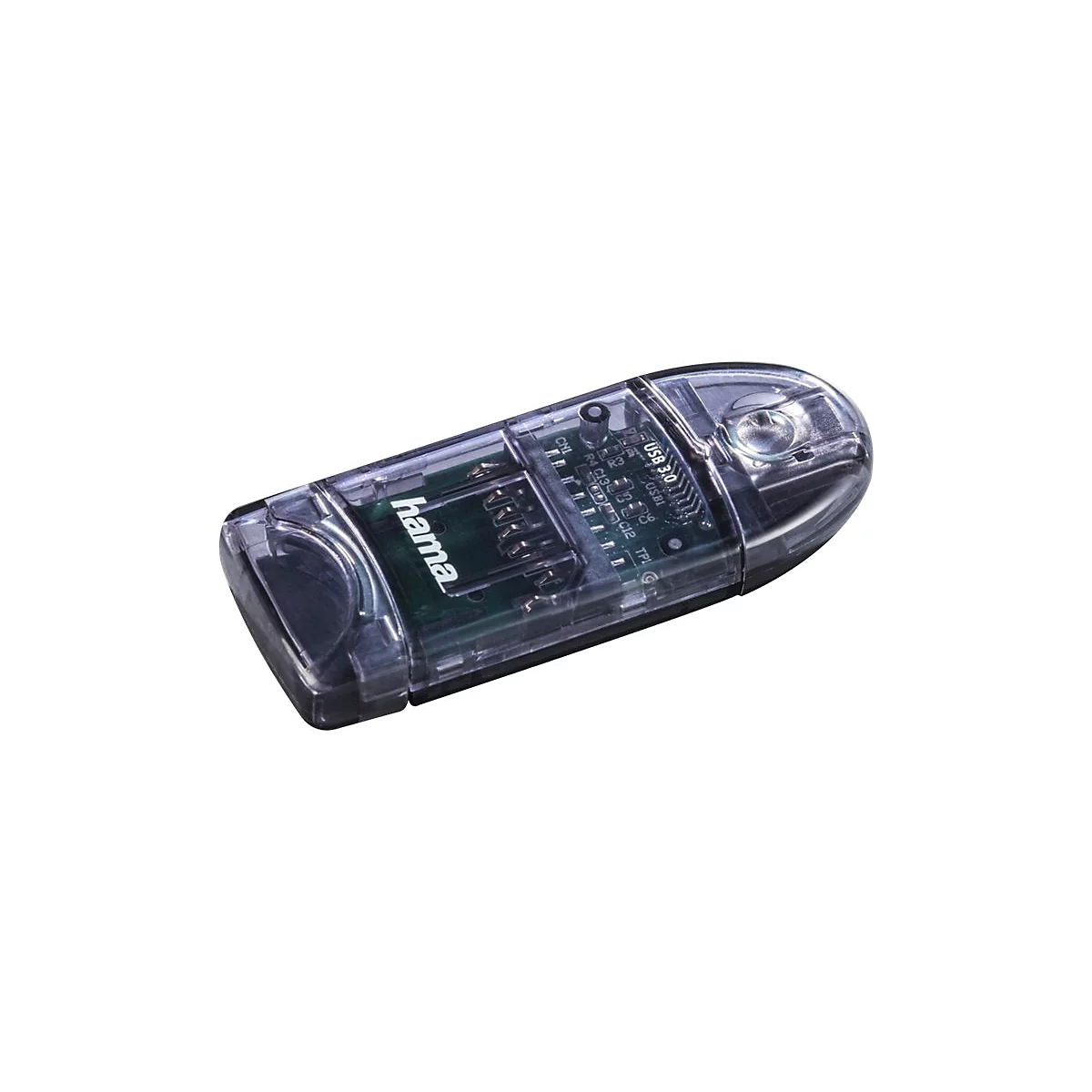 Hama USB 3.0 Kartenleser mit transparentem Gehäuse vor weißem Hintergrund.