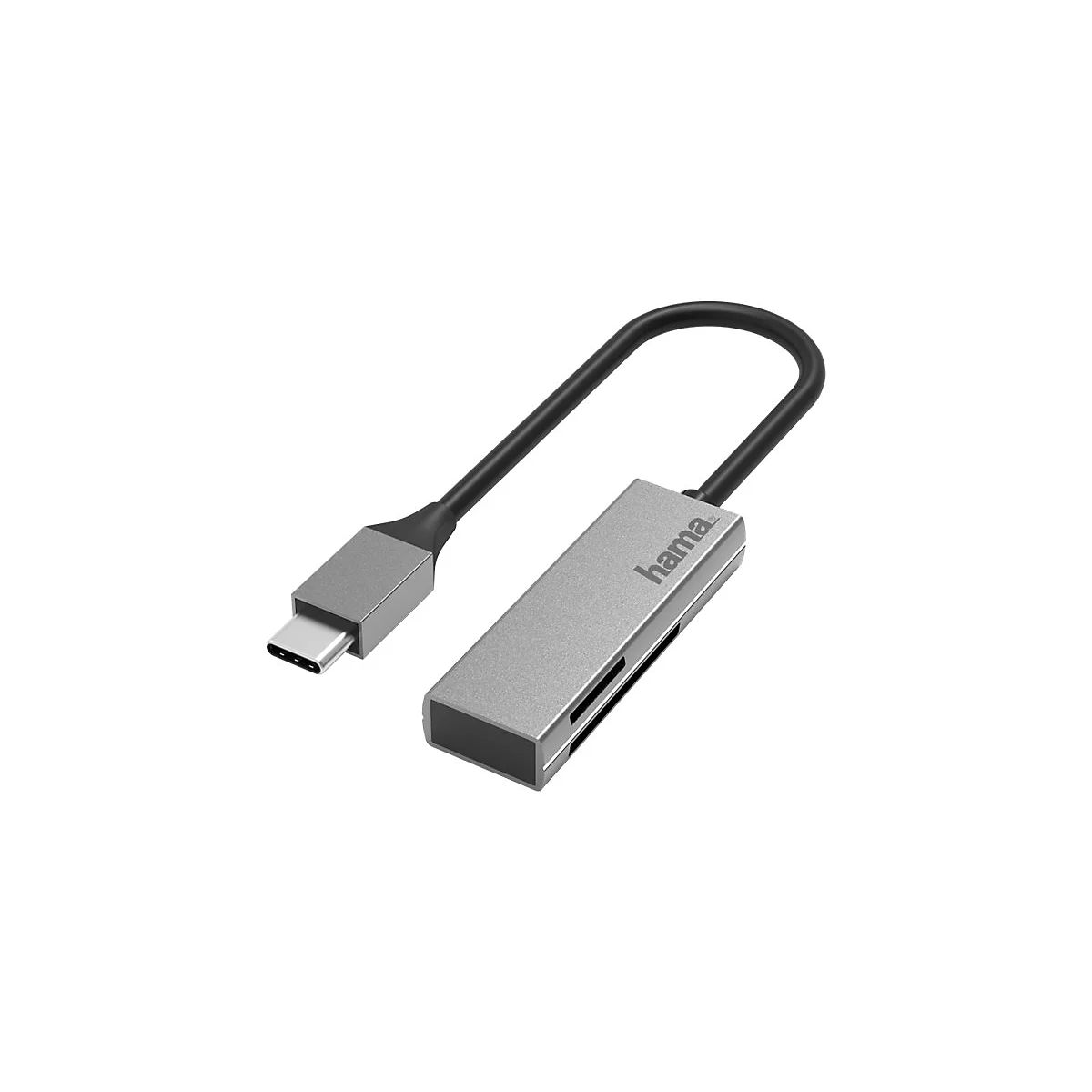 Hama USB-C-Adapter in Grau mit Kabel und verschiedenen Anschlüssen auf weißem Hintergrund.