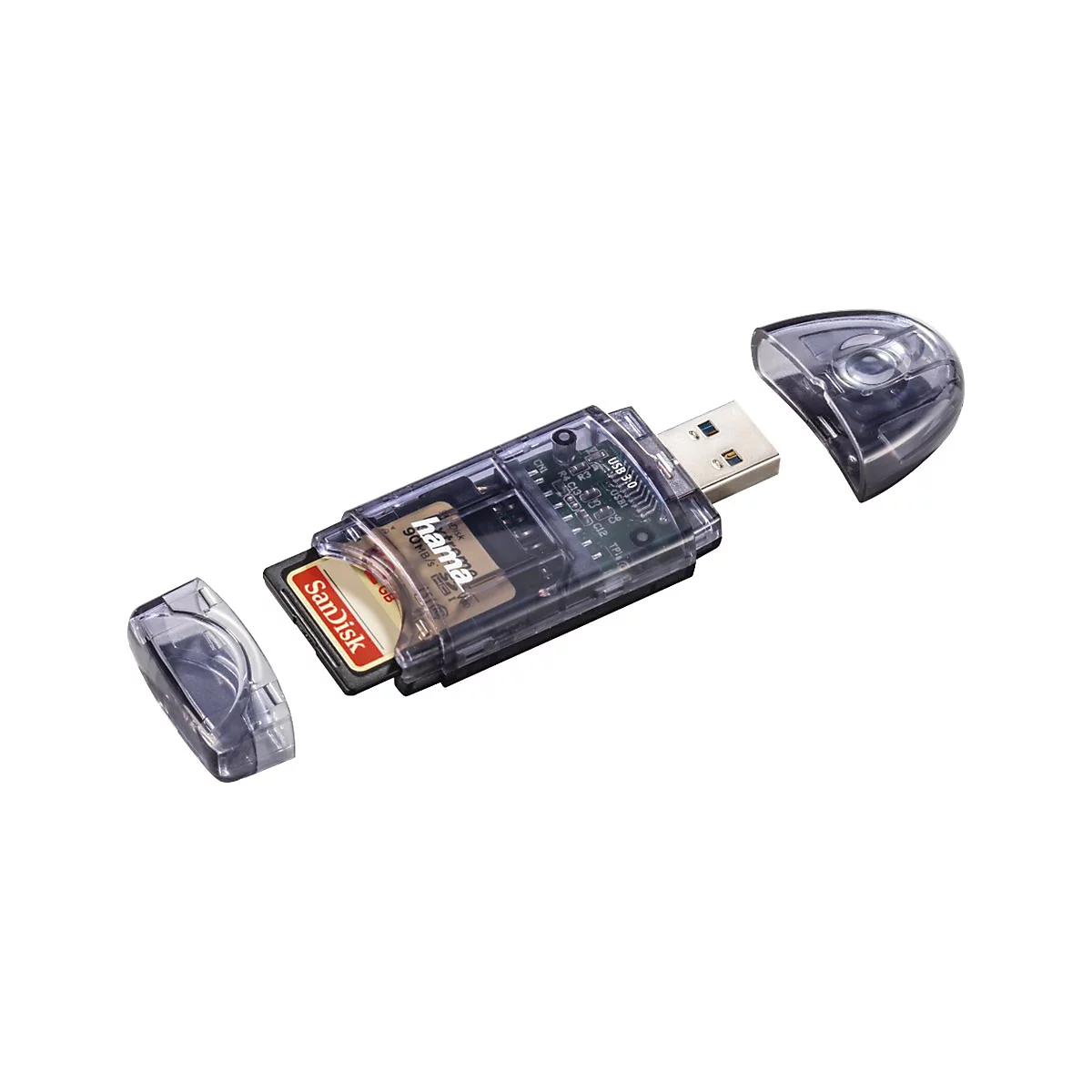 Transparenter USB 3.0 Kartenleser mit eingesteckter SD-Karte, zwei abgenommene Schutzkappen liegen daneben.