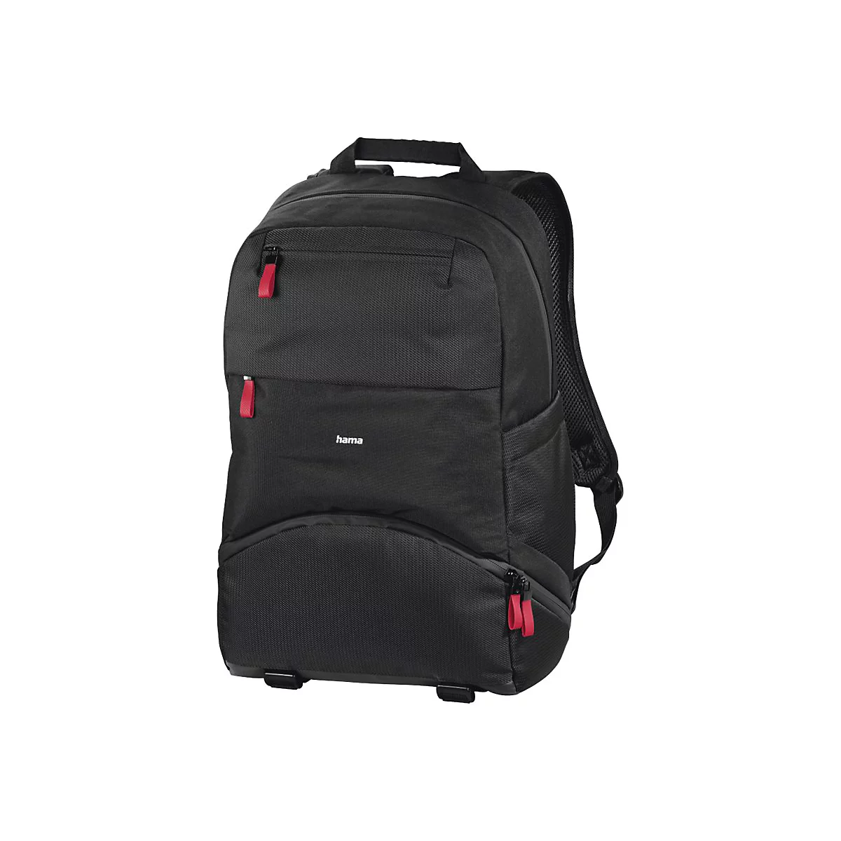 Schwarzer Hama Rucksack mit roten Reißverschluss-Akzenten vor weißem Hintergrund.