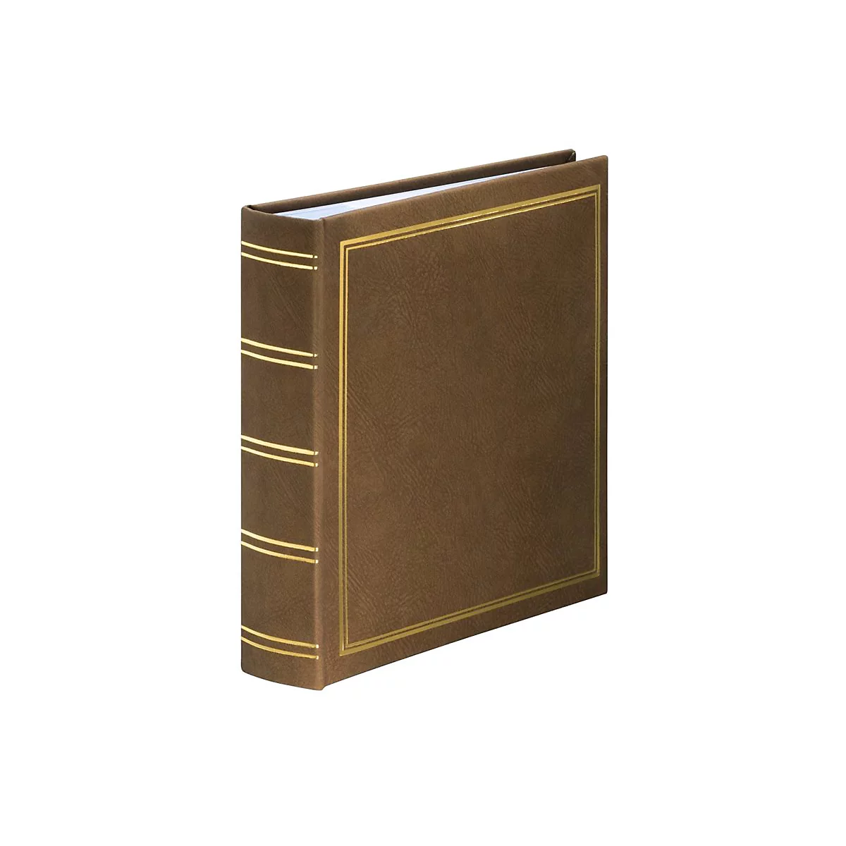 Ein braunes Fotoalbum mit goldener Linienprägung auf dem Buchrücken und dem Einband.