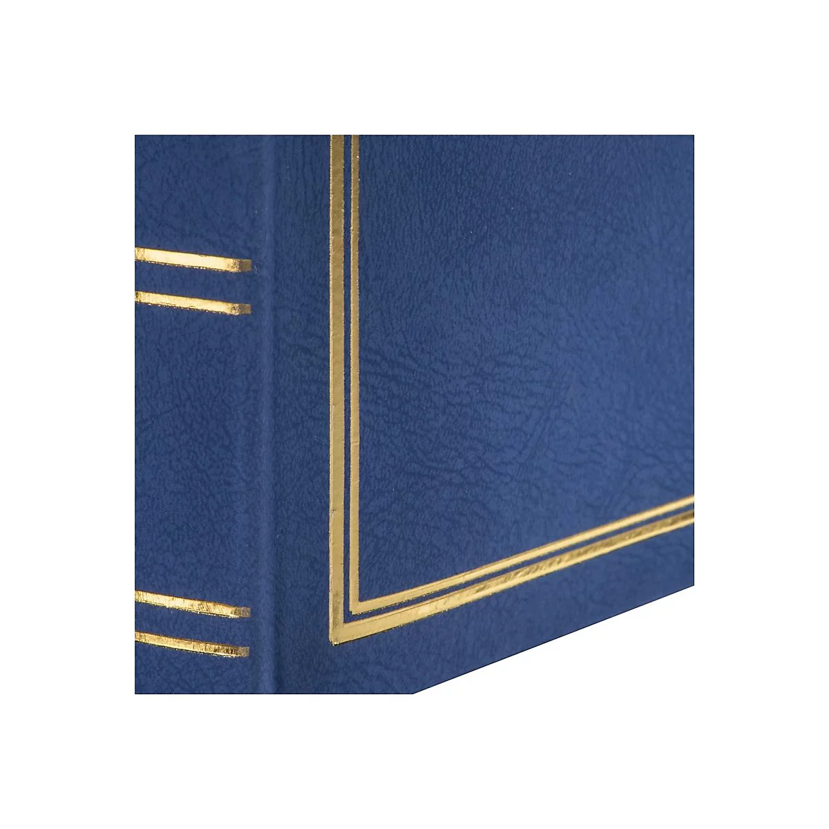 Nahaufnahme eines blauen Bucheinbands mit feiner Lederstruktur und goldenen Zierlinien.