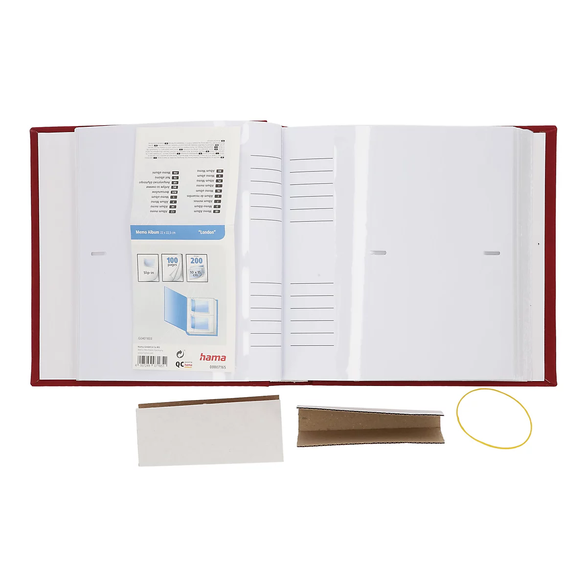 Offenes rotes Fotoalbum mit Einstecktaschen und Produktinformationen auf der ersten Seite.