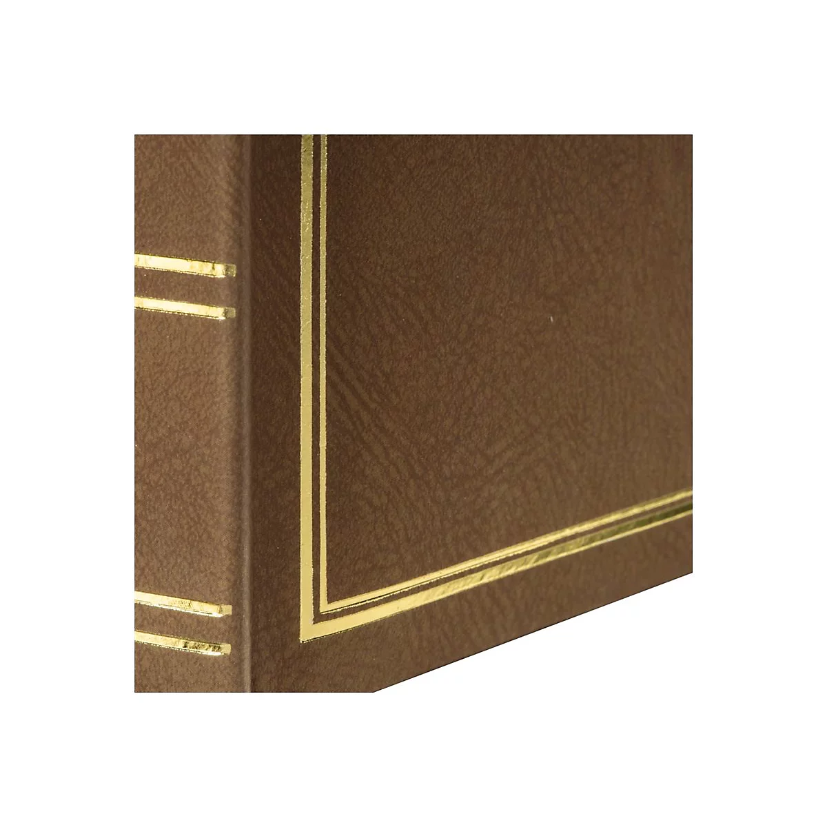 Nahaufnahme eines braunen Bucheinbandes mit goldener Linienprägung am Buchrücken und Deckel.