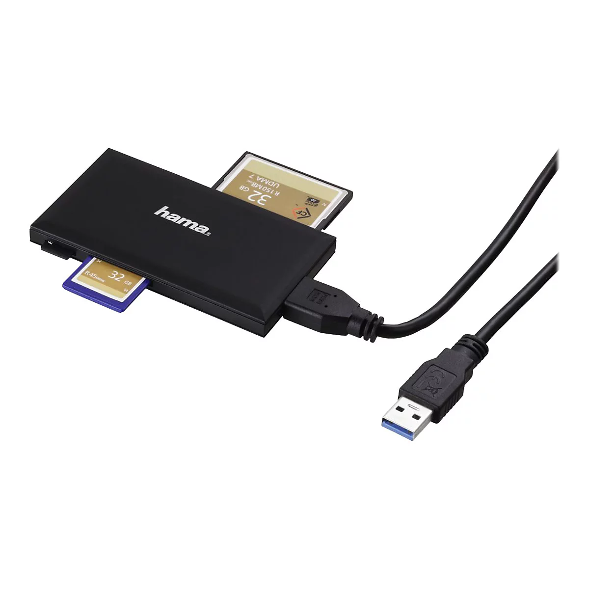 Schwarzer Hama Speicherkartenleser mit eingesteckten SD- und CF-Karten sowie USB-Anschlusskabel.