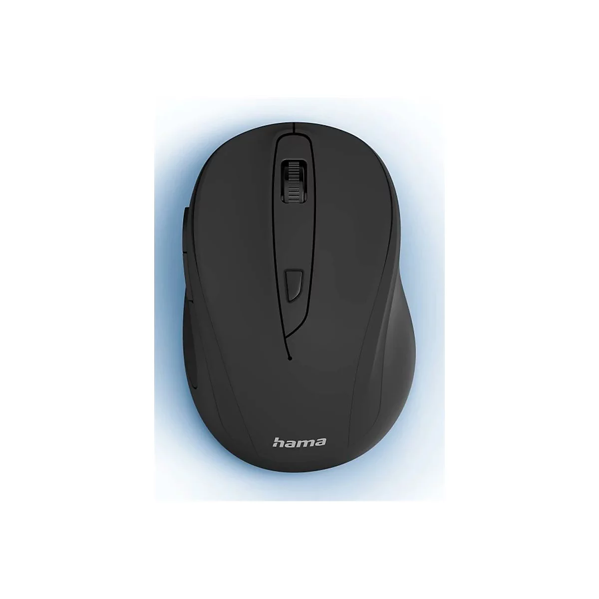Schwarze, ergonomische Hama Computermaus in der Draufsicht.