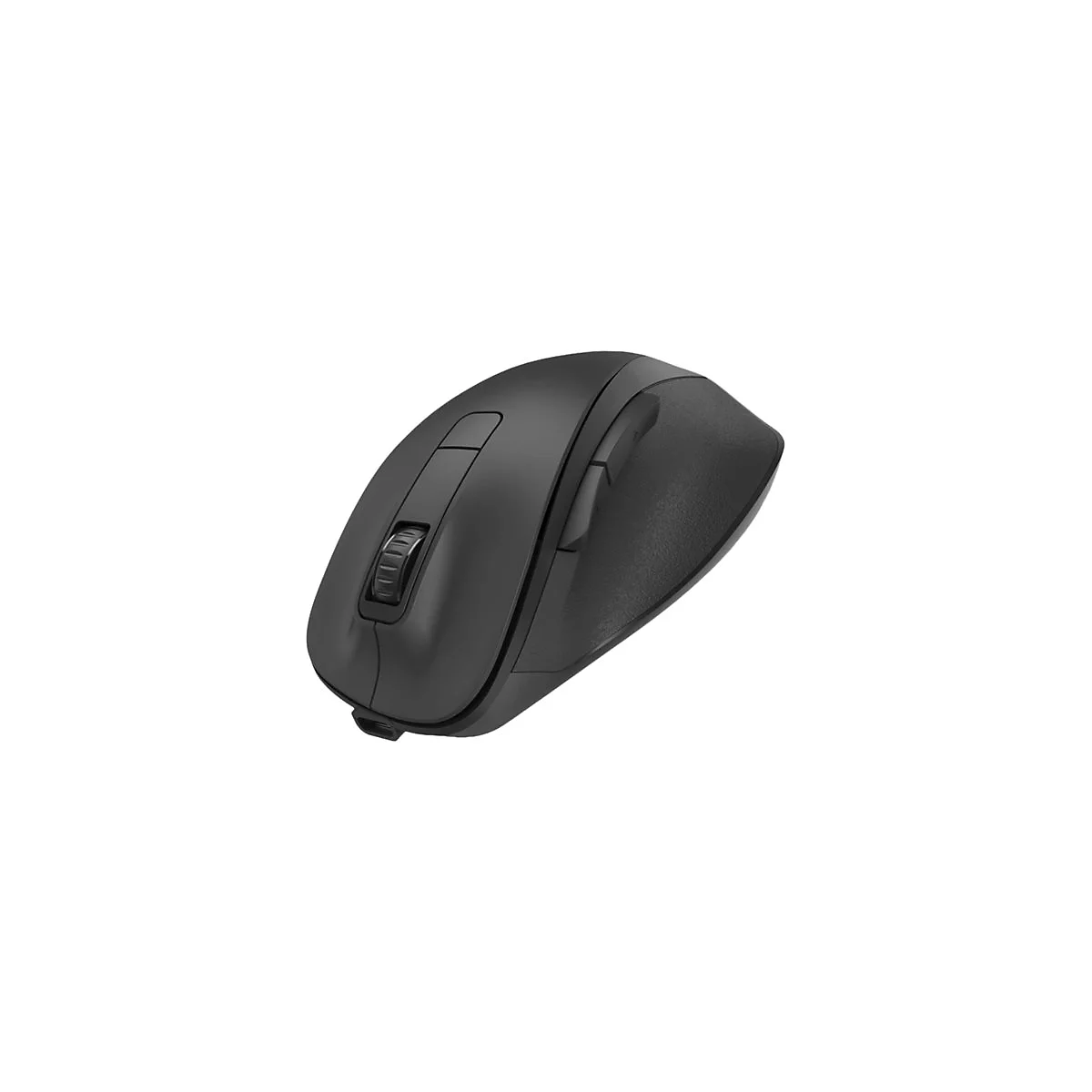 Schwarze, ergonomische kabellose Computermaus aus einer seitlichen Perspektive vor weißem Hintergrund.