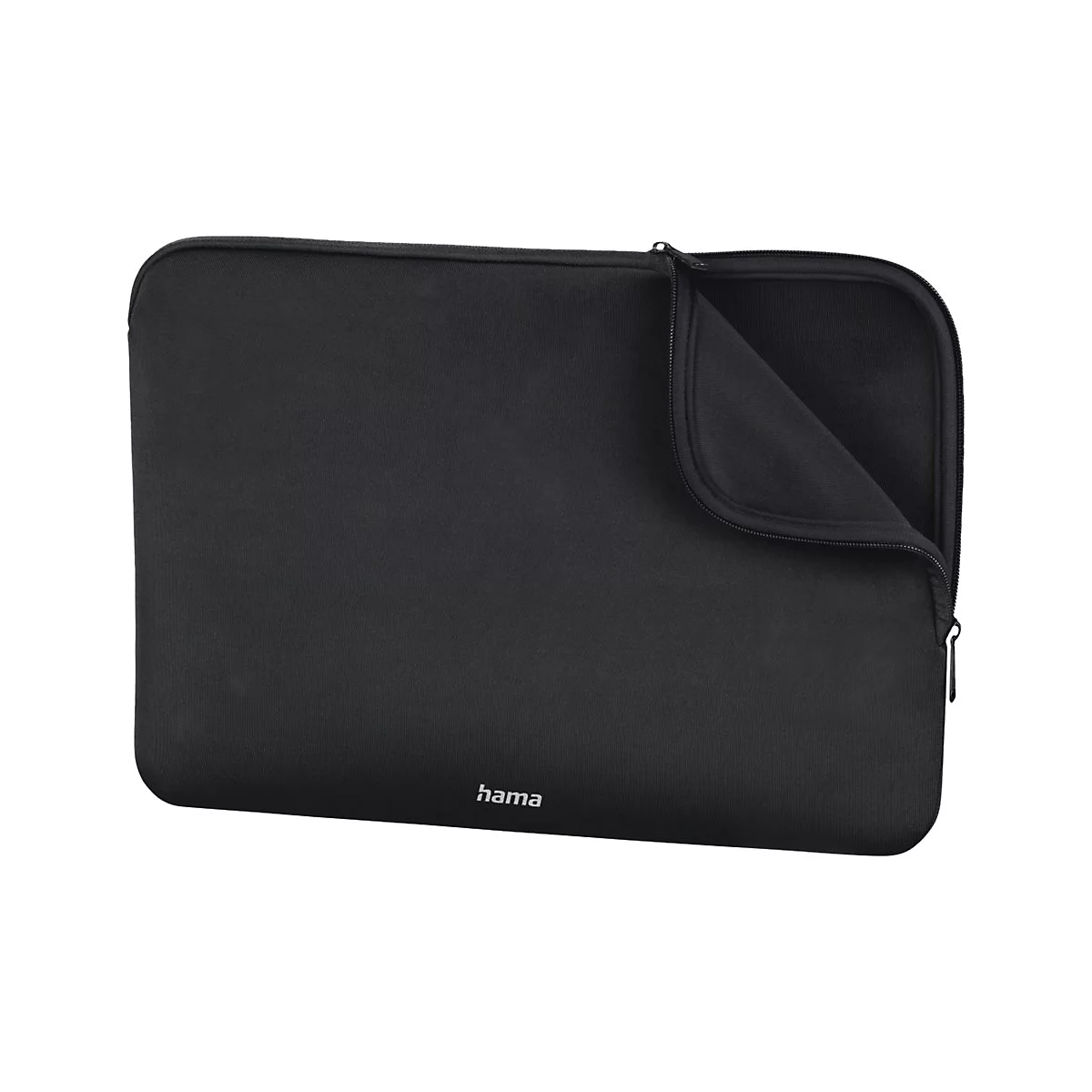 Schwarze Hama Laptoptasche aus Neopren, teilweise geöffnet, vor weißem Hintergrund.