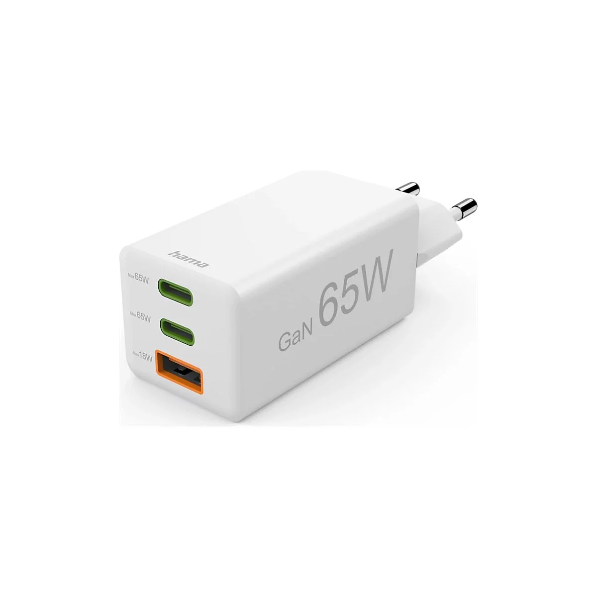 Weißes Hama GaN-Ladegerät mit 65 Watt, zwei USB-C-Anschlüssen und einem USB-A-Anschluss vor neutralem Hintergrund.