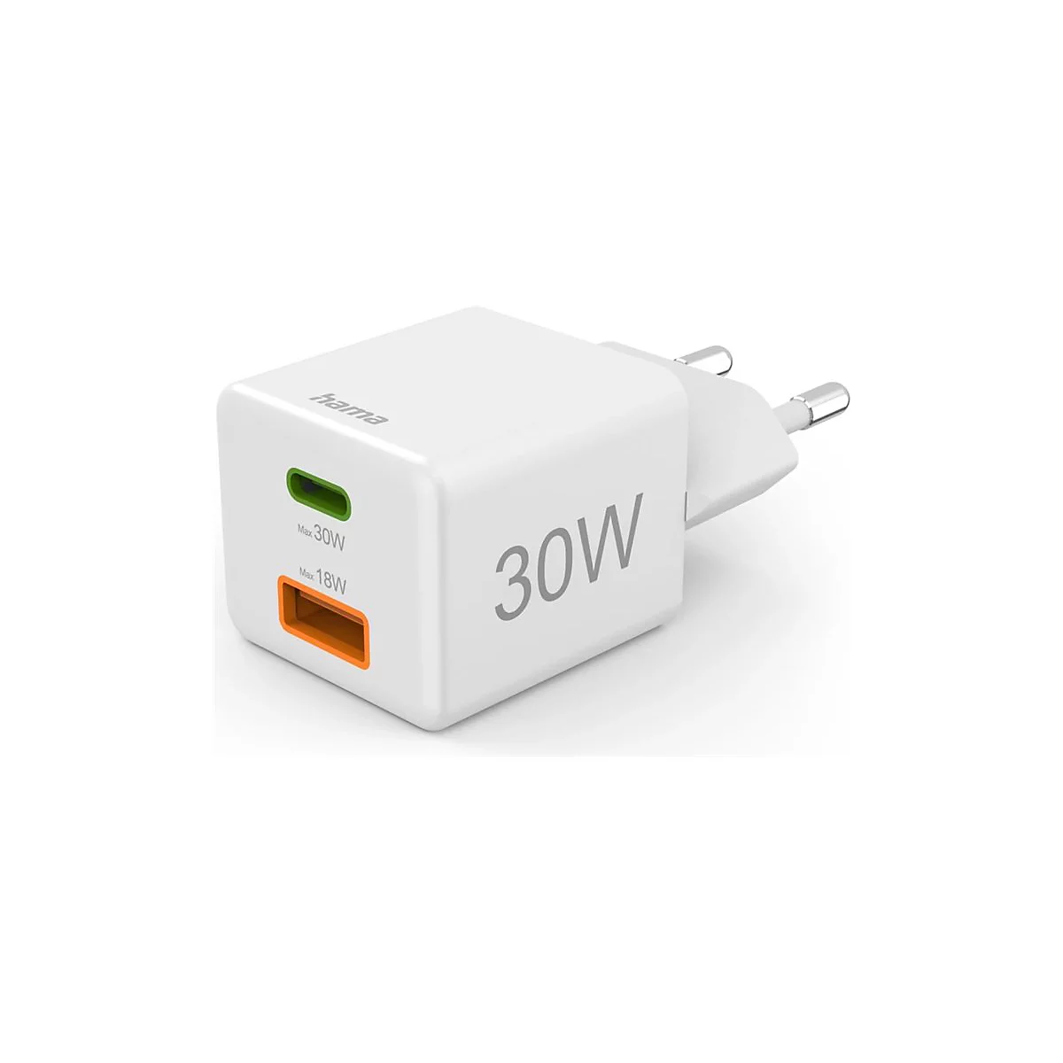 Weißes Hama USB-Ladegerät mit 30W-Aufdruck, einem grünen USB-C- und einem orangen USB-A-Anschluss.