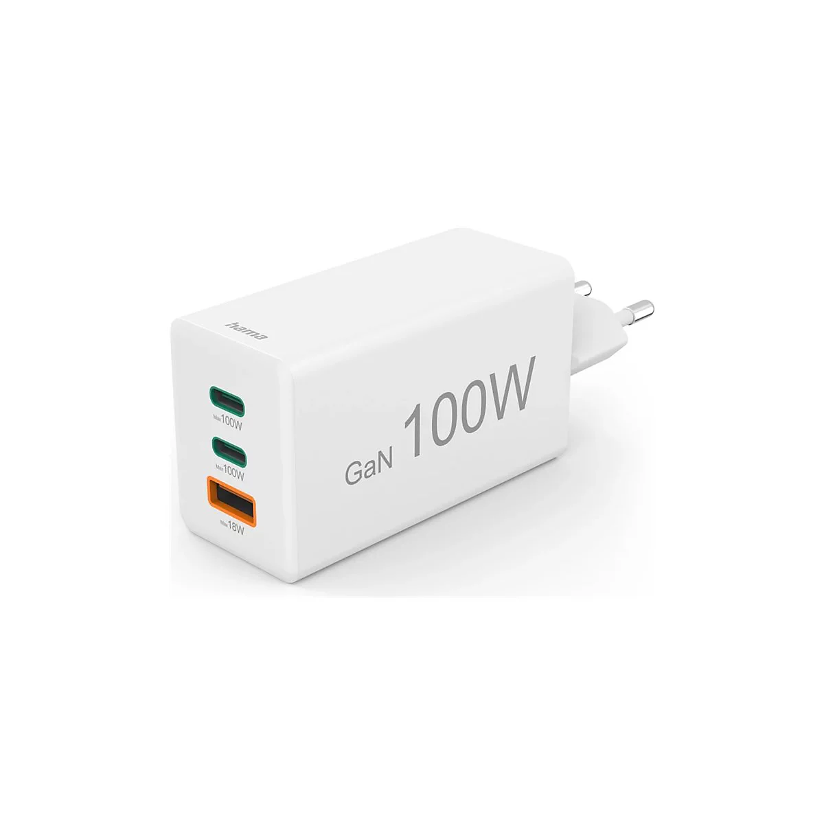 Weißes Hama-Netzteil mit drei Anschlüssen und der Aufschrift GaN 100W vor weißem Hintergrund.