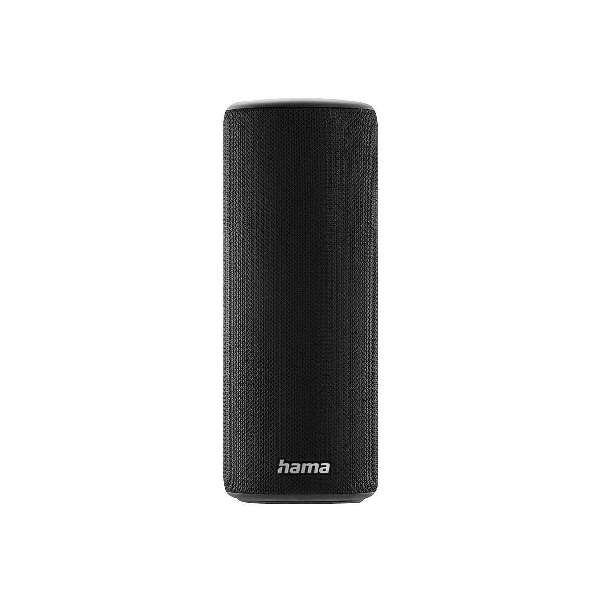 Schwarzer, zylindrischer Bluetooth-Lautsprecher der Marke Hama vor weißem Hintergrund.