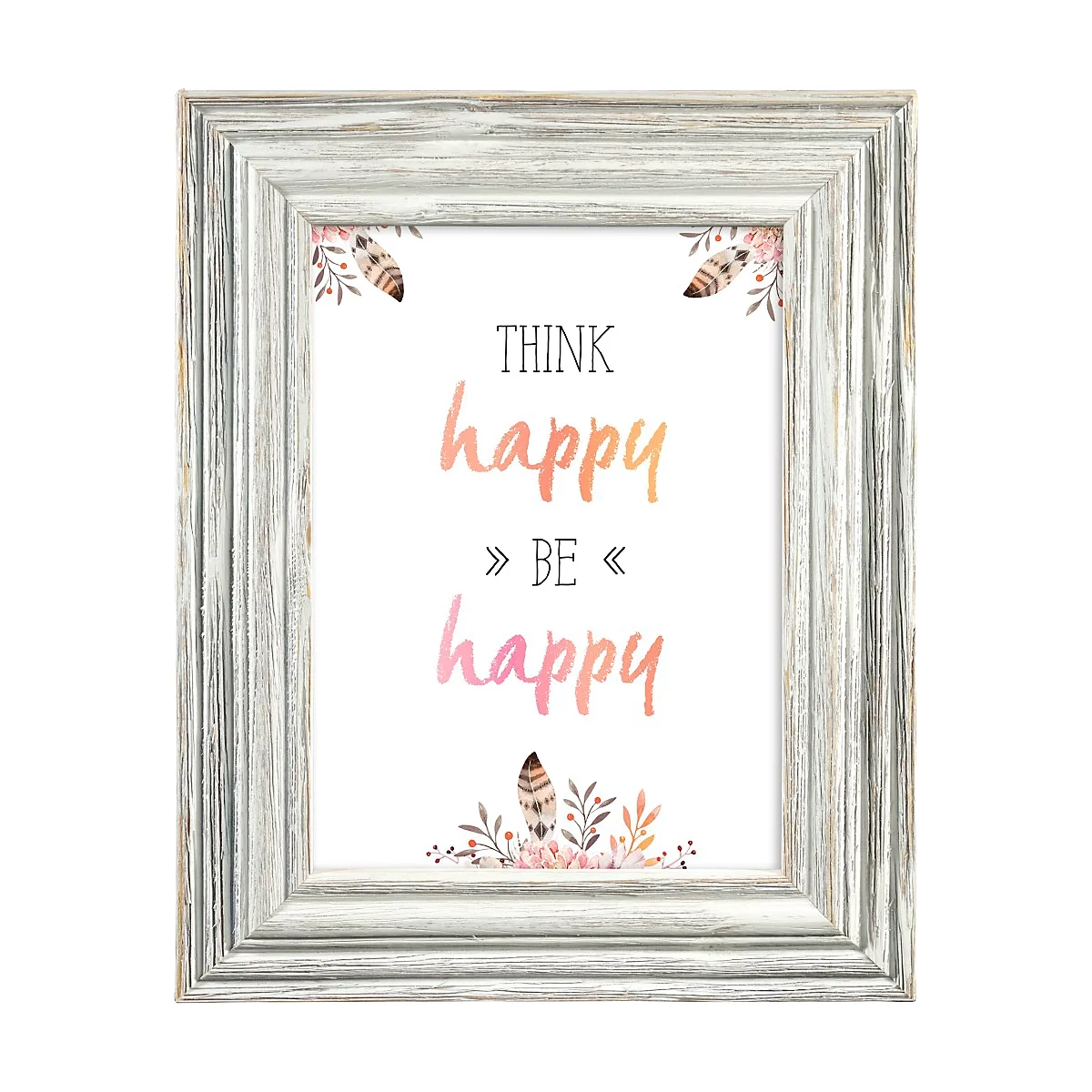 Ein gerahmtes Bild mit der Aufschrift THINK happy BE happy. Der Rahmen ist weiss und hat einen Vintage-Look.