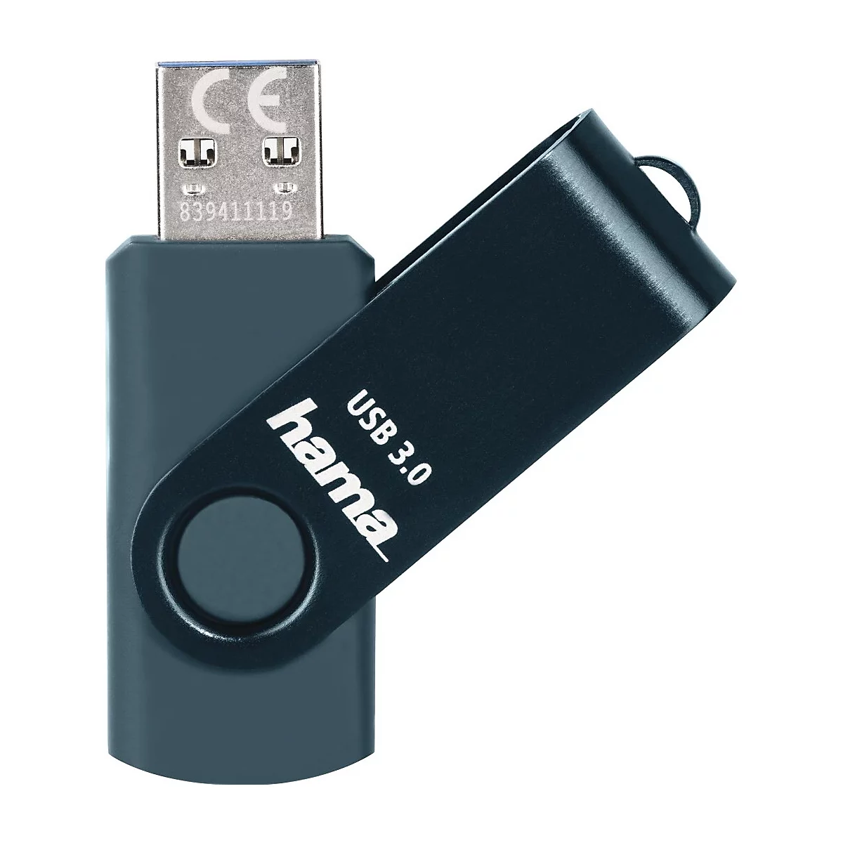 Clé USB bleu foncé Hama. La clé indique 'USB 3.0'. La partie métallique porte un marquage 'CE' et le numéro '839411119'.
