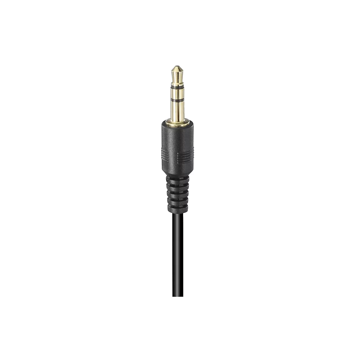 Goldener 3,5 mm Klinkenstecker an einem schwarzen Kabel vor weißem Hintergrund.