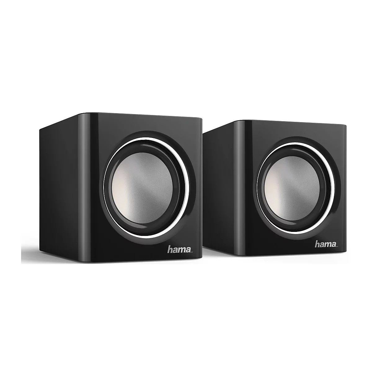 Deux enceintes noires avec des membranes argentées. Le lettrage "hama" est présent à l'avant.