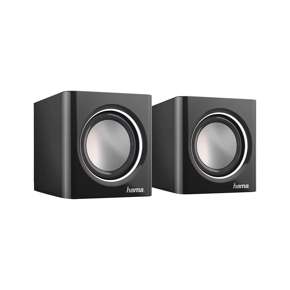 Deux haut-parleurs noirs avec des membranes de haut-parleur argentées. 'hama' est écrit sur le devant.