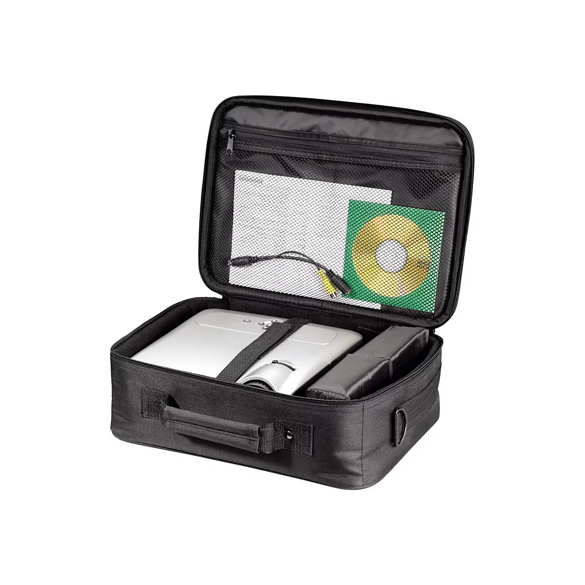 Geöffnete schwarze Tragetasche mit silbernem Projektor, Kabeln und CD im Netzfach.
