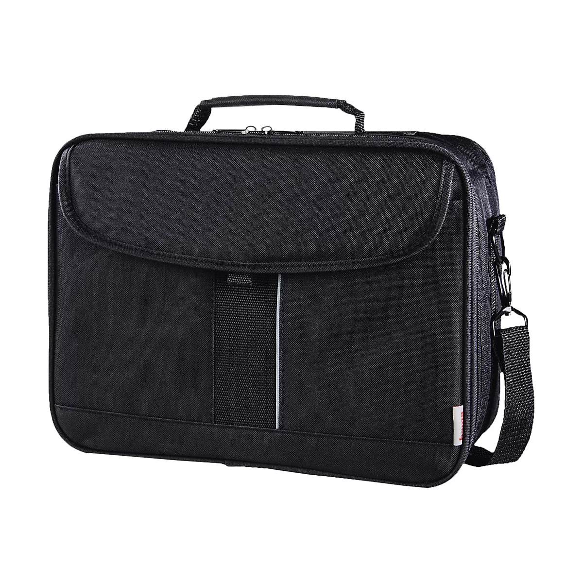 Schwarze Laptoptasche mit Tragegriff, Schultergurt und kleiner roter Markenlasche vor neutralem Hintergrund.