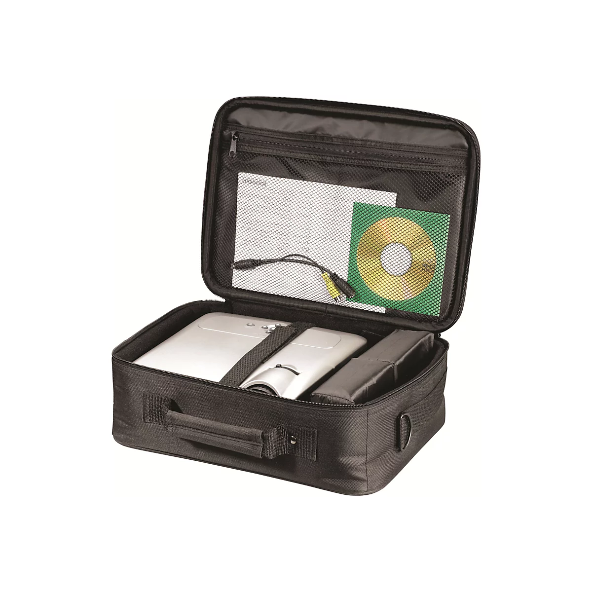 Geöffnete, schwarze Beamer-Tasche mit Projektor, Kabeln und CD im Netzfach.