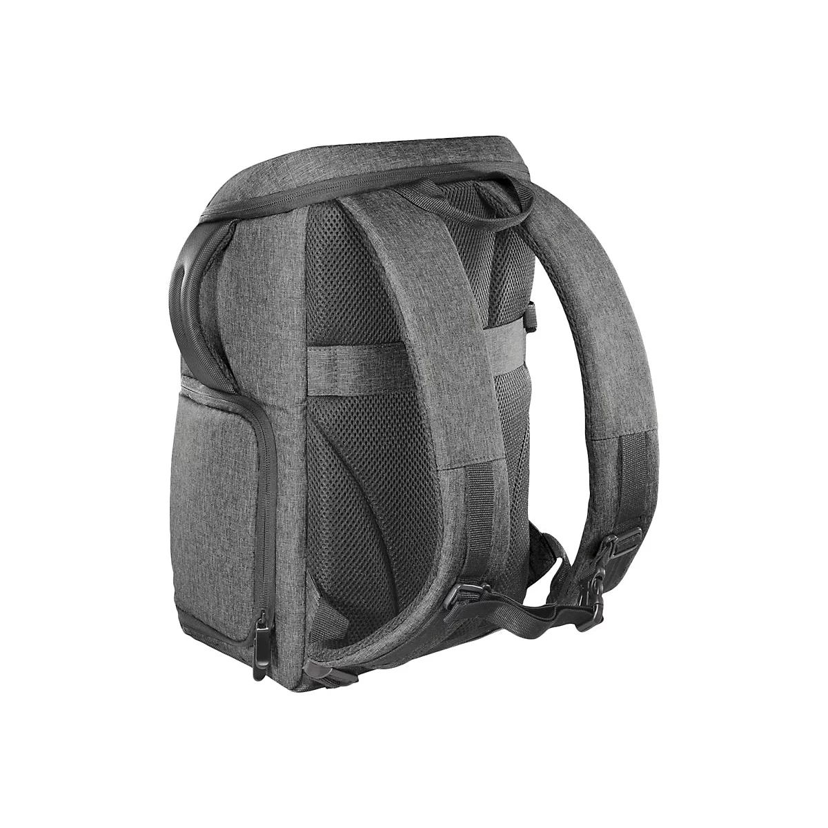 Grauer Kamerarucksack aus Textil mit gepolsterten Schultergurten und schwarzem Netzrücken.
