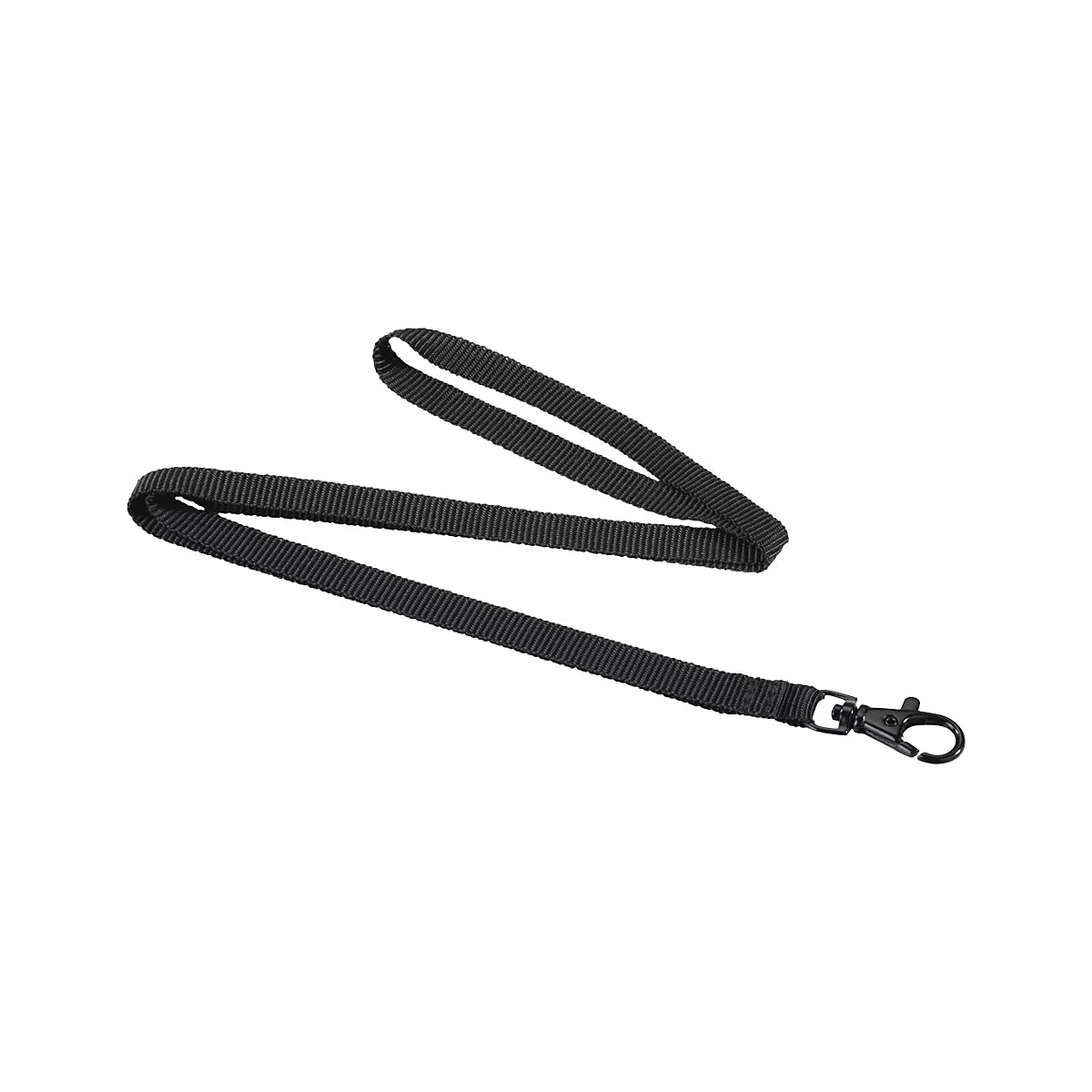 Schwarzes Lanyard aus Stoff mit einem praktischen Metall-Karabinerhaken vor neutralem Hintergrund.