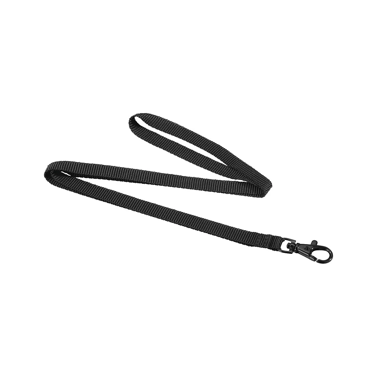 Schwarzes Umhängeband mit einem Metallkarabiner vor weißem Hintergrund.