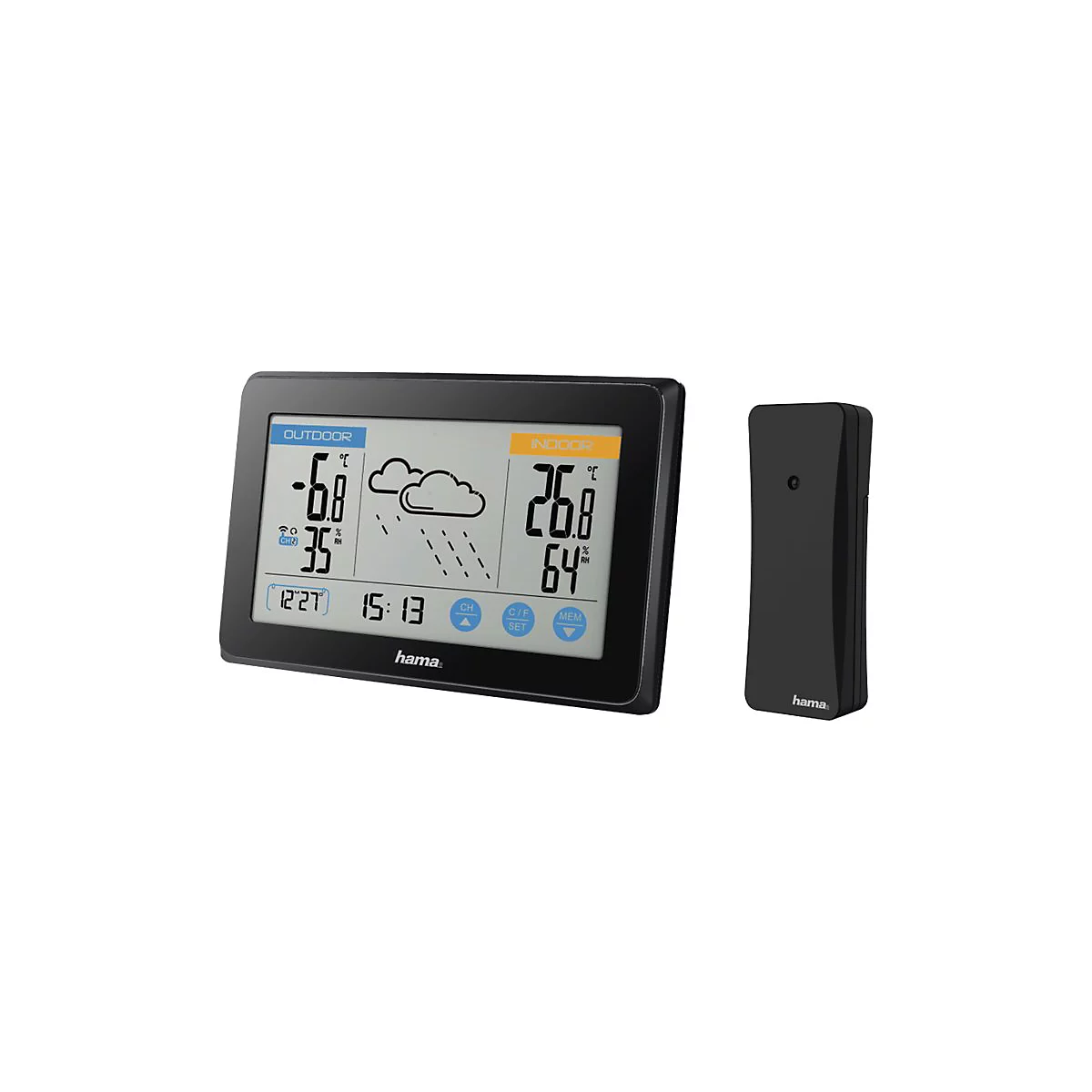 Schwarzes Wetterstation-Set mit Display und Sender. Auf dem Display werden Innen- und Außentemperatur sowie Luftfeuchtigkeit angezeigt. Das Logo 'hama' ist zu sehen.