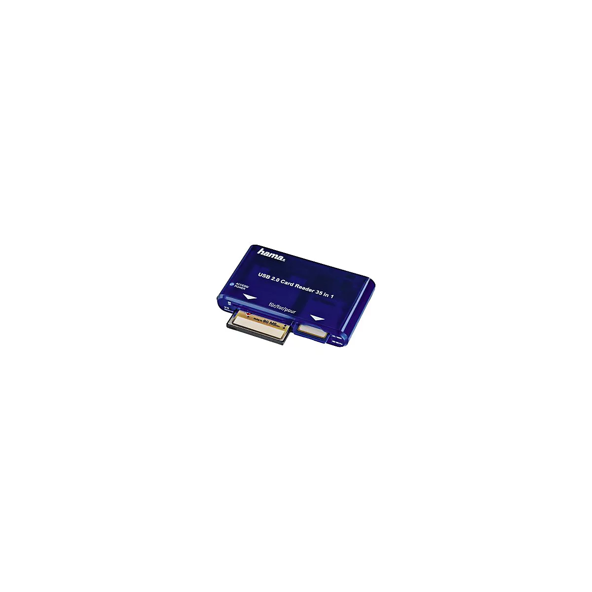 Dunkelblauer, transparenter Hama USB 2.0 Kartenleser mit eingesteckter Speicherkarte vor weißem Hintergrund.