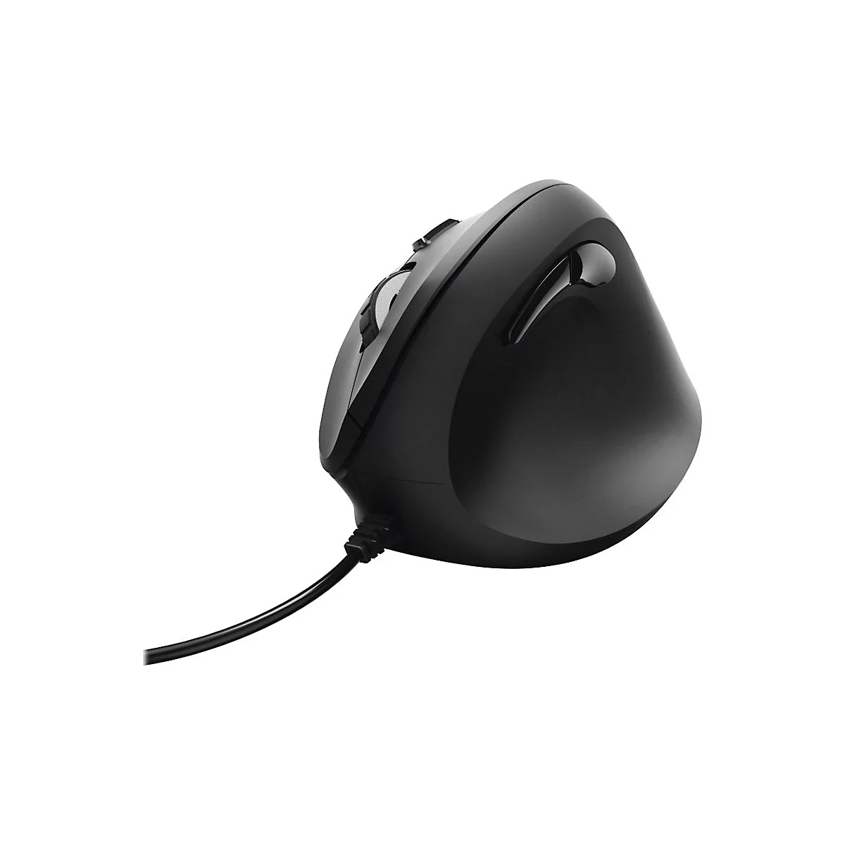 Schwarze vertikale ergonomische Computermaus mit Kabel vor weißem Hintergrund.