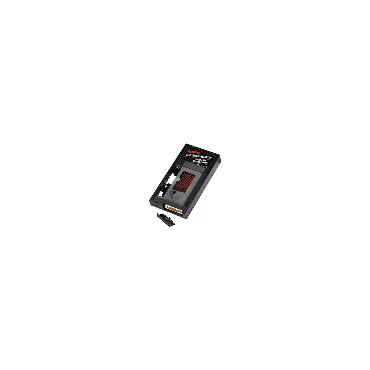 Schwarzer Hama VHS-C Kassetten-Adapter mit eingelegter Batterie und geöffnetem Batteriefach auf weißem Hintergrund.