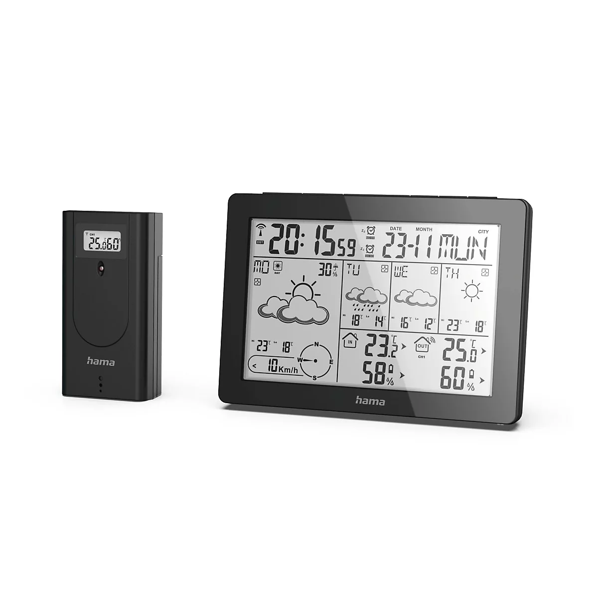 Schwarze Wetterstation mit Anzeige von Uhrzeit, Datum und Wettervorhersage. Links ein kleiner Sensor.