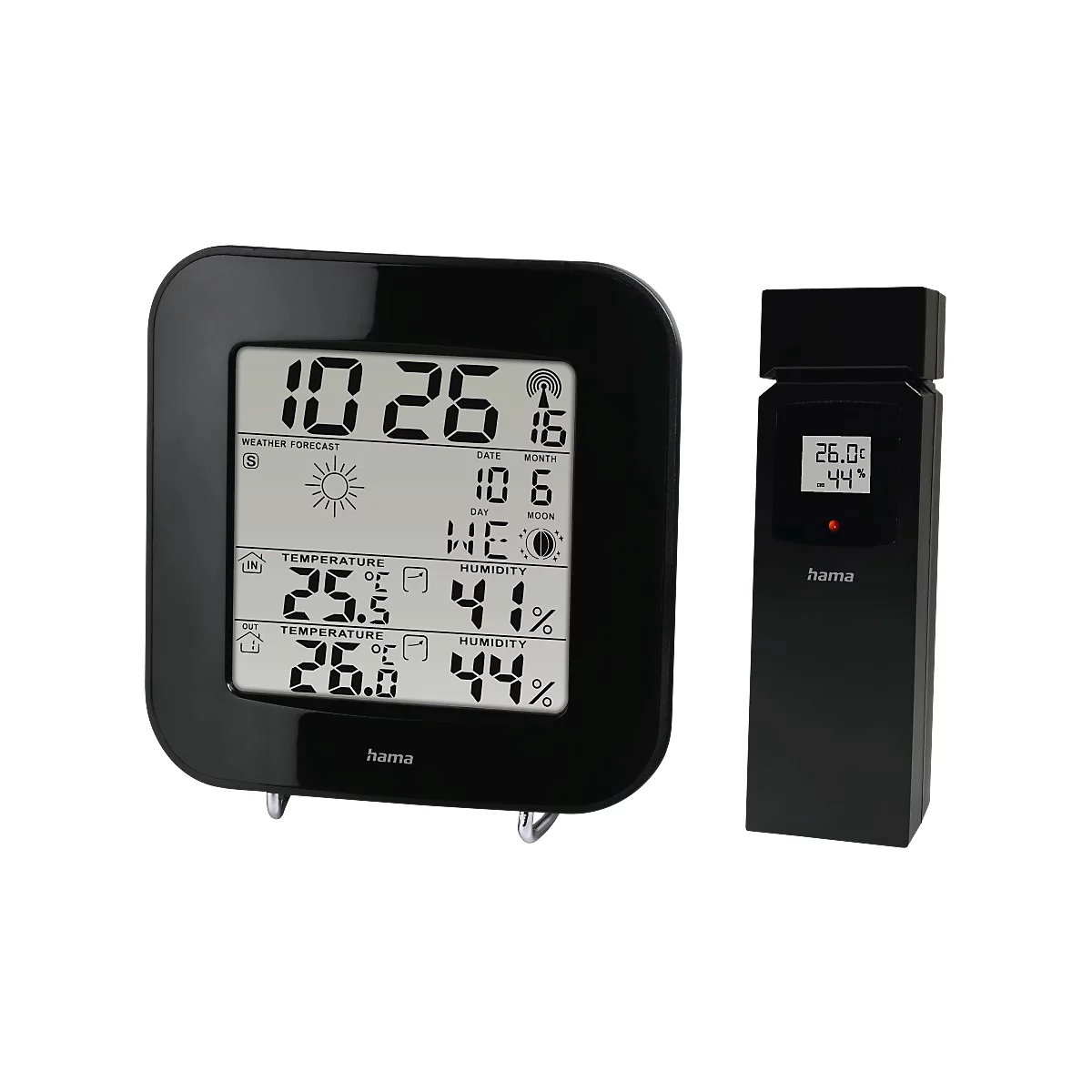 Black weather station with digital display. Shows time, date, weather forecast, temperature, and humidity, along with a separate sensor.