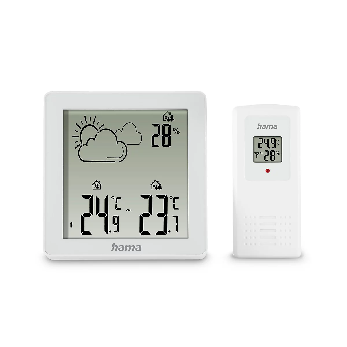 A white wireless thermo-hygrometer set from Hama. On the display: weather, temperature, humidity. Next to the display a smaller sensor.