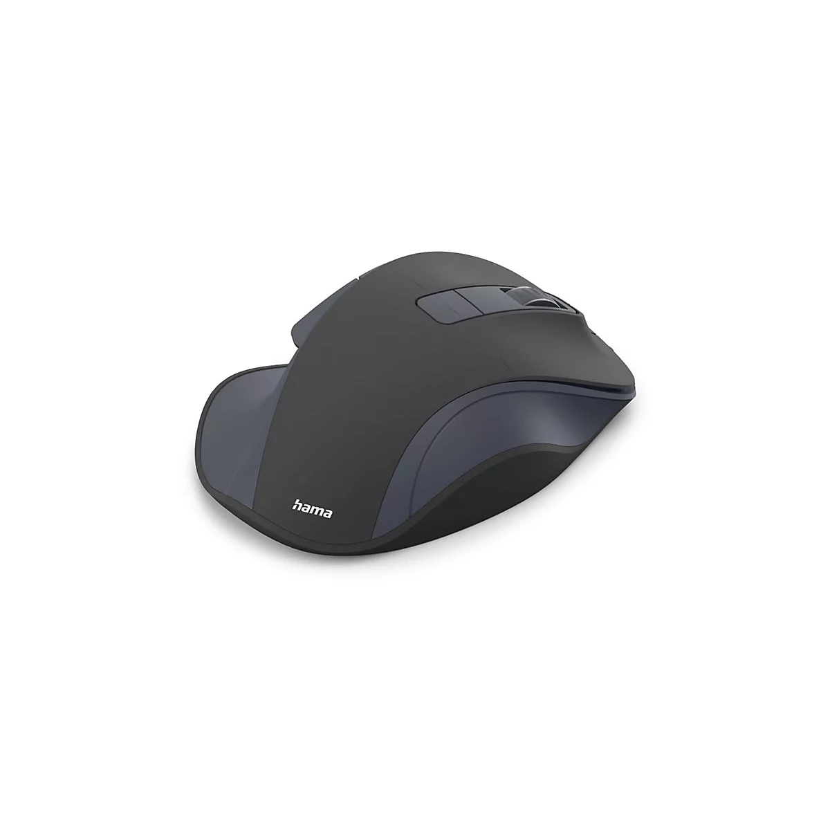 Schwarze, ergonomisch geformte kabellose Hama PC-Maus vor weißem Hintergrund.