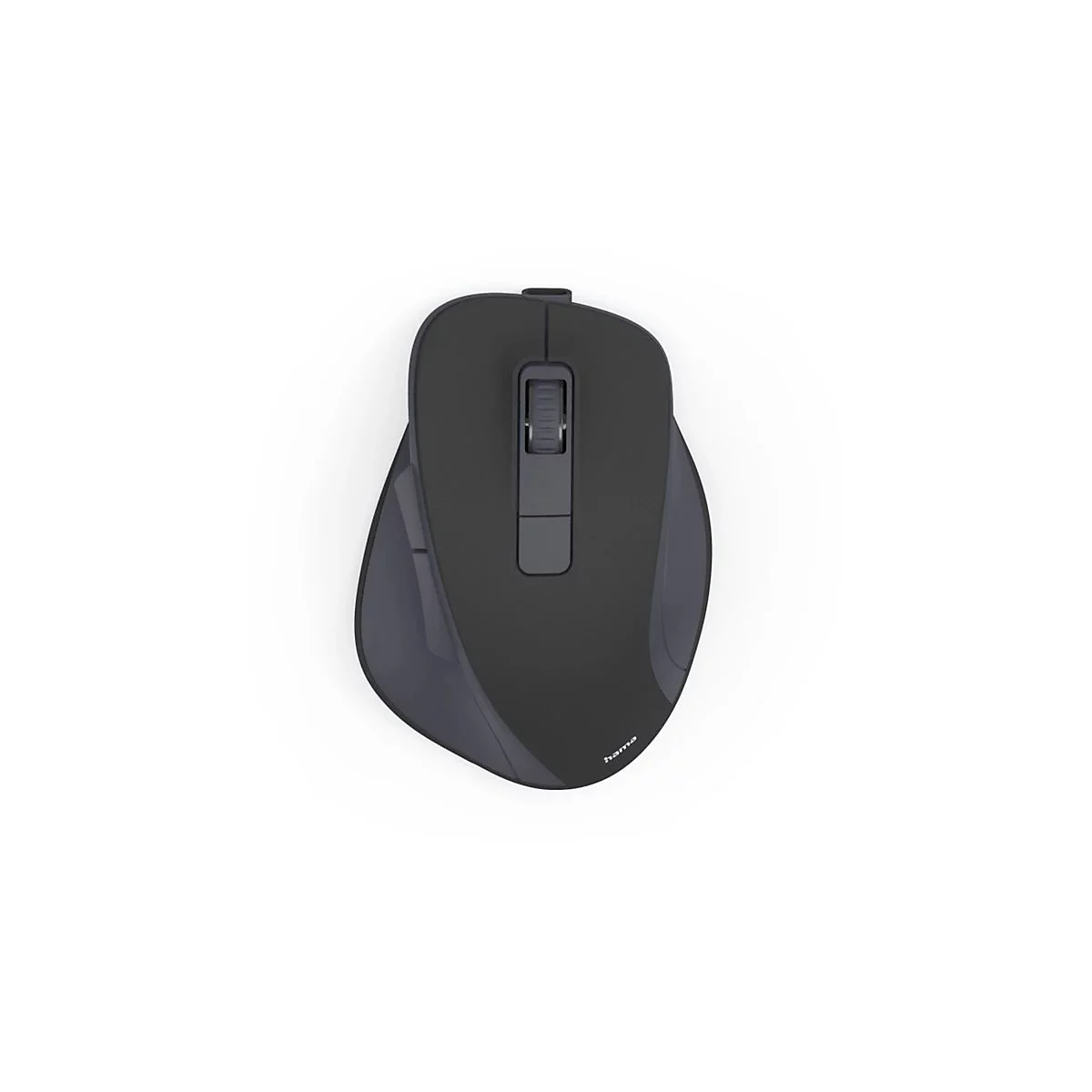 Dunkelgraue, ergonomische kabellose Computermaus von Hama vor weißem Hintergrund.