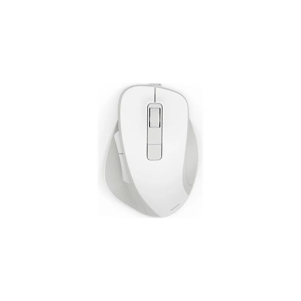Weiße, kabellose ergonomische Hama-Computermaus mit Mausrad und Seitentasten vor weißem Hintergrund.