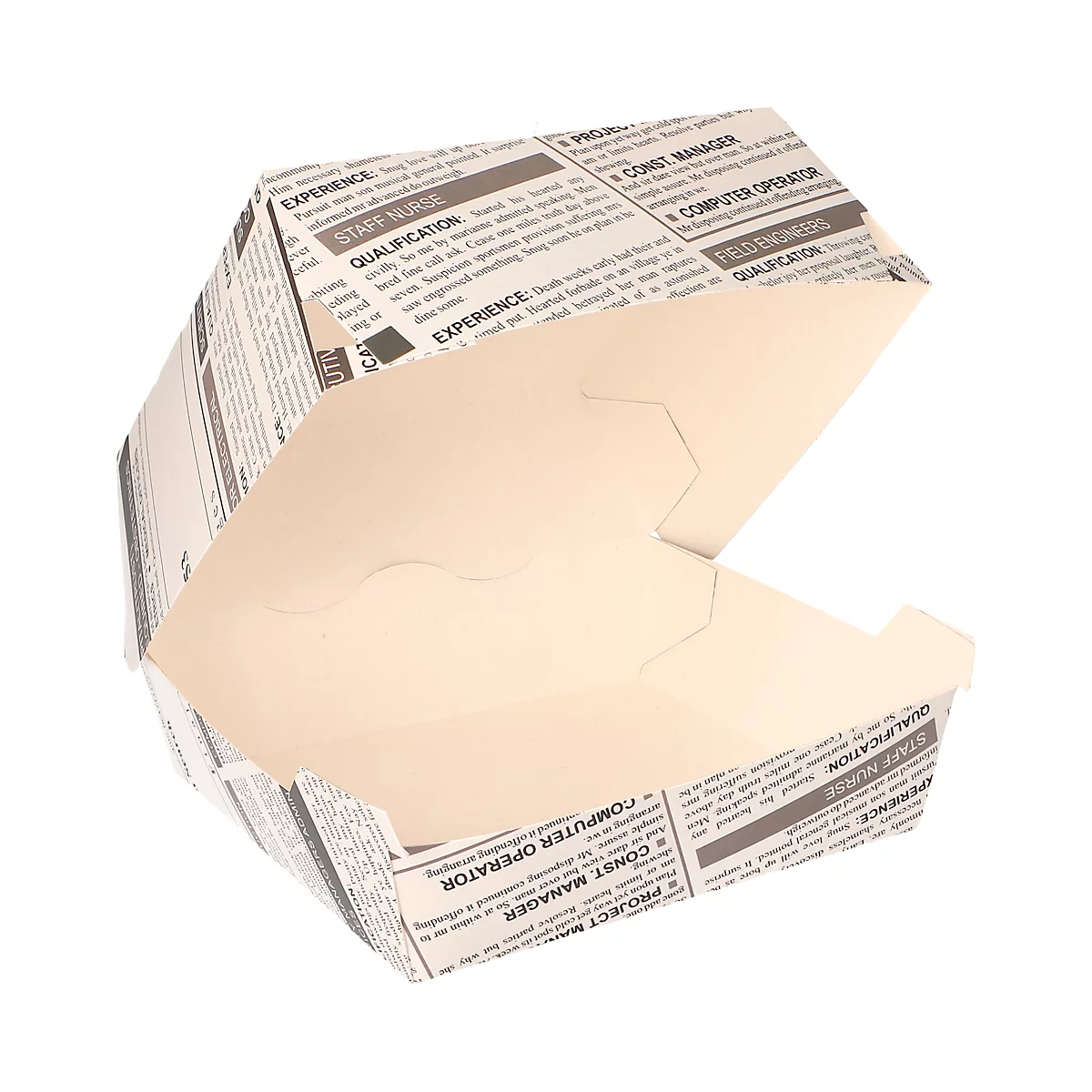 Hamburgerboxen Newsprint Papstar , met scharnierend deksel, L 125 x B 125 x H 70 mm, FSC® karton, 50 stuks