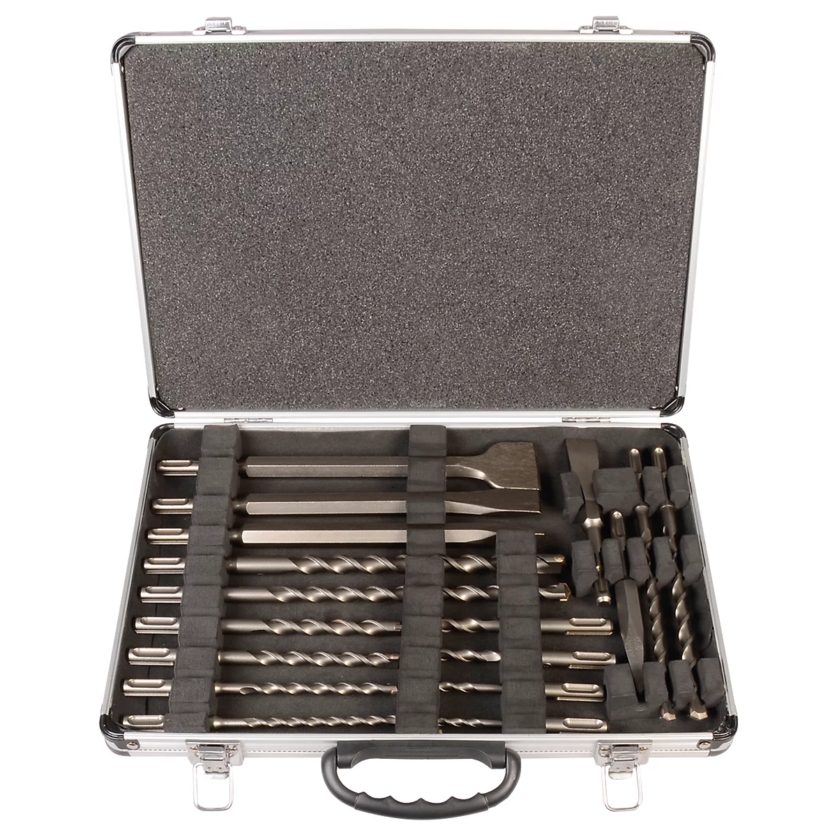 An open tool case with various drill bits and chisels, bedded in gray foam.