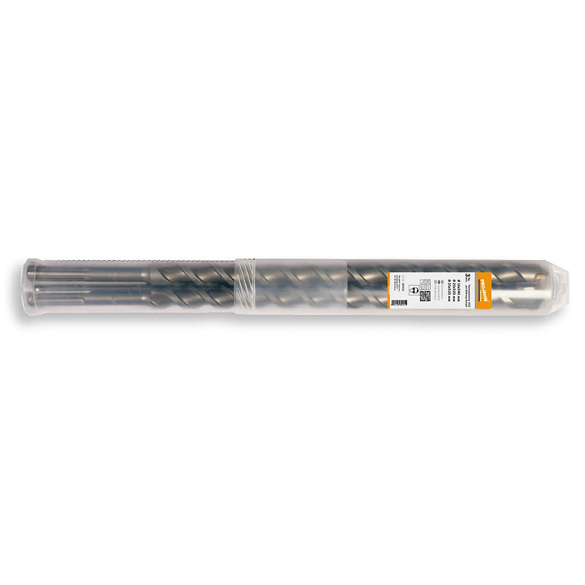 Bohrer-Set in transparenter Verpackung. Aufdruck mit Produktinformationen.