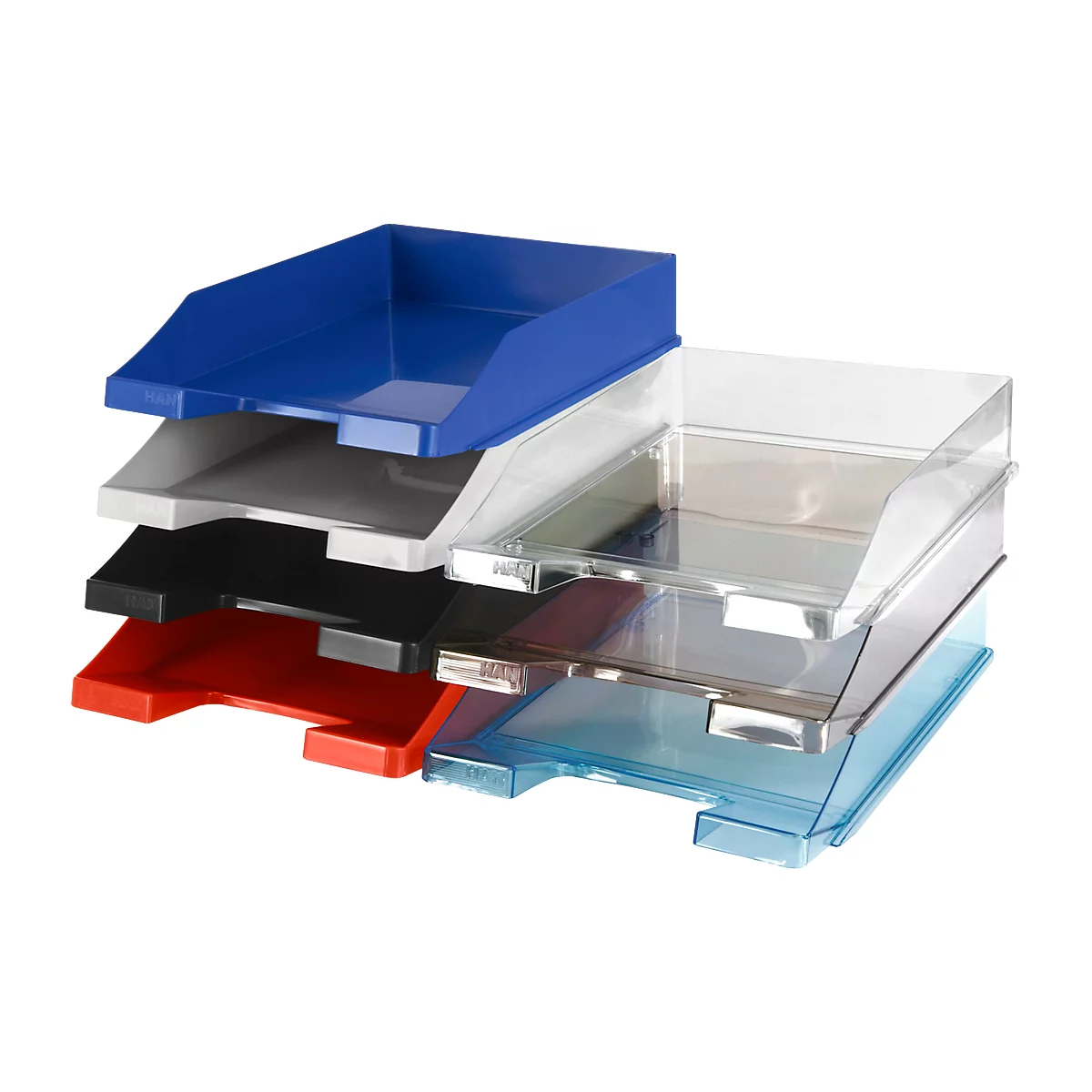 Stack of different colored document trays: blue, transparent, grey, black, red, and light blue.