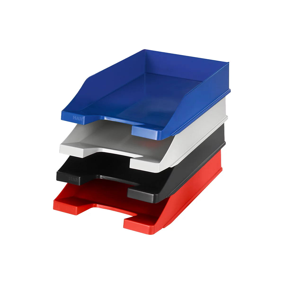 Four stacked file trays in blue, white, black, and red. Each tray has a raised front.