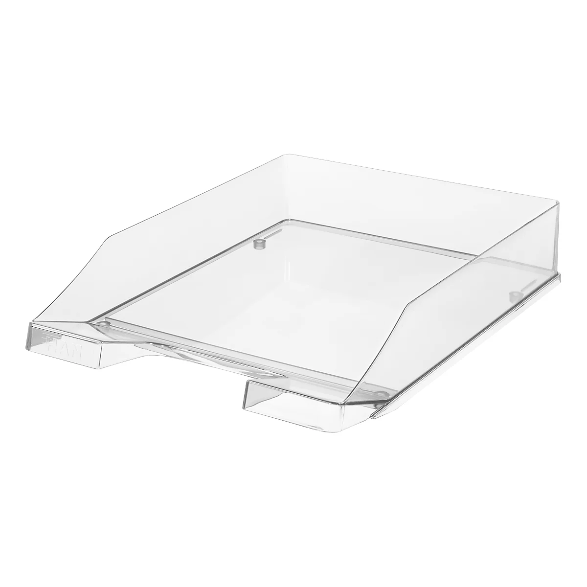 Transparent, rectangular desk tray with raised sides. Angular shape, made of clear plastic.