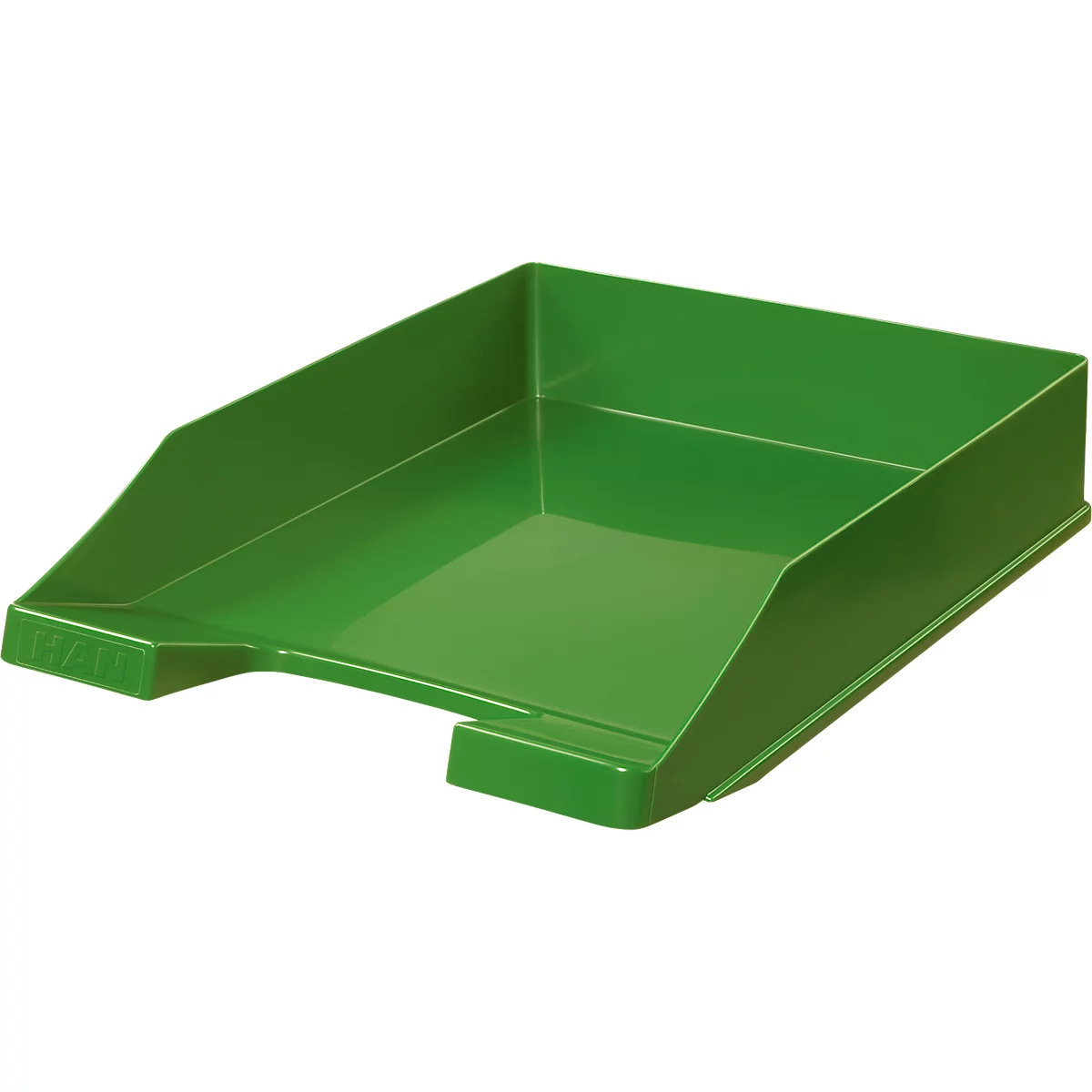 Green plastic empty tray. Sloping sides and a raised edge.